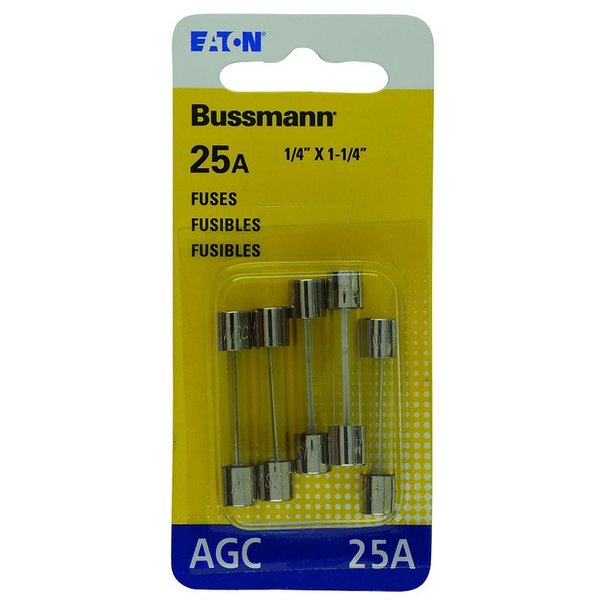 Eaton Bussmann Glass Fuse, AGC Series, Fast-Acting, 25A, 32V AC, 1kA at 32V AC, 5 PK BP/AGC-25-RP